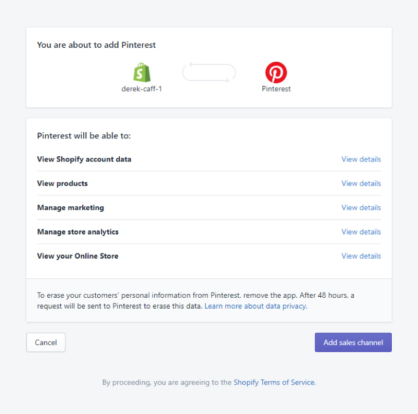 An image of permissions for the Pinterest app in Shopify