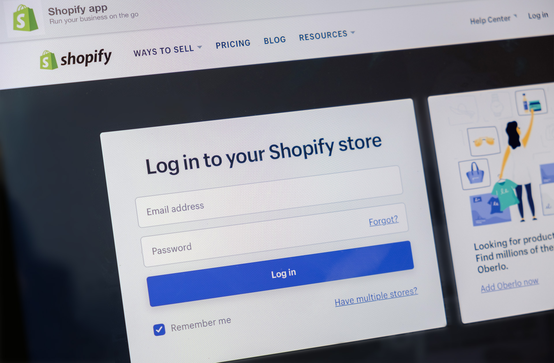 Shopify login screen